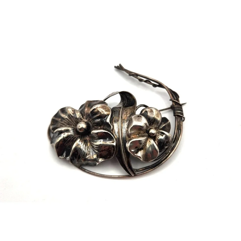 Art Nouveau Style Marked Sterling Silver Large Floral Vintage Brooch Pin